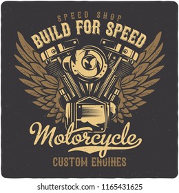 T-shirt or poster design with illustration of motorcycle engine. Design with text composition.