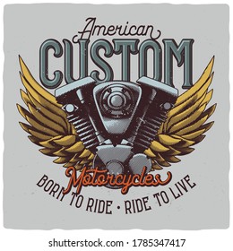 T-shirt or poster design with illustration of motorcycle engine and wings. Ready apparel design.