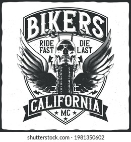 T-shirt or poster design with illustration of motorcycle with skull and wings