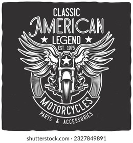 T-shirt or poster design with illustration of a motorcycle with a wings