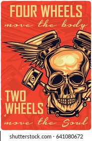 T-shirt or poster design with illustration of motorcycle engine, skull, wings and pistons.