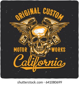 T-shirt or poster design with illustration of motorcycle engine, skull, wings and pistons.