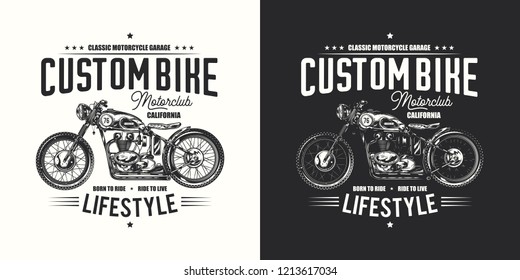 T-shirt or poster design with an illustration of an old motorcycle. Design with text composition on light and dark background.