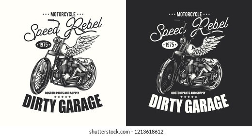 T-shirt or poster design with an illustration of an old motorcycle. Design with text composition on light and dark background.