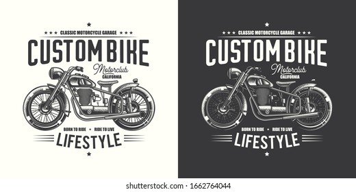 T-shirt or poster design with an illustration of an old motorcycle. Design with text composition on light and dark background.