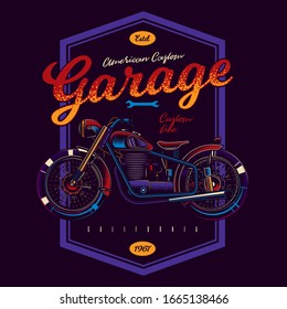 T-shirt or poster design with an illustration of an old American motorcycle custom made. Design with text composition in neon style