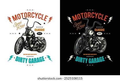 T-shirt or poster design with an illustration of an old motorcycle. Original vector illustration in vintage style. Hand drawn, not AI