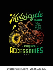 T-shirt or poster design with an illustration of an old motorcycle. Original vector illustration in vintage style. Hand drawn, not AI