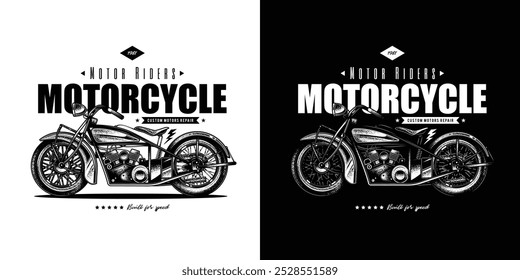 Design de camiseta ou cartaz com uma ilustração de uma motocicleta antiga. Ilustração vetorial original em estilo vintage. Desenhado à mão, não com IA