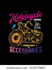 T-shirt or poster design with an illustration of an old motorcycle. Original vector illustration in vintage style. Hand drawn, not AI