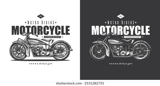 T-shirt or poster design with an illustration of an old motorcycle. Original vector illustration in vintage style. Hand drawn, not AI
