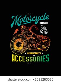 T-shirt or poster design with an illustration of an old motorcycle. Original vector illustration in vintage style. Hand drawn, not AI
