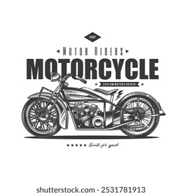 Design de camiseta ou cartaz com uma ilustração de uma motocicleta antiga. Ilustração vetorial original em estilo vintage. Desenhado à mão, não com IA