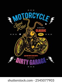 T-shirt or poster design with an illustration of an old motorcycle. Original vector illustration in vintage style. Hand drawn, not AI