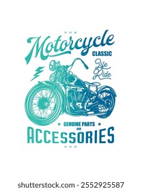 T-shirt or poster design with an illustration of an old motorcycle. Original vector illustration in vintage style. Hand drawn, not AI