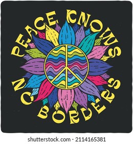 T-shirt or poster design with illustration of peace sunflower