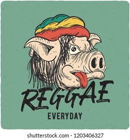 T-shirt or poster design with illustration of pig rasta. Design with text composition.