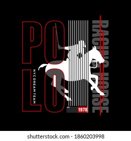 T-shirt or poster design with illustration of a polo horse racing player.
