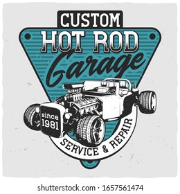 T-shirt or poster design with illustration of powerful hot rod.