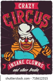 T-shirt or poster design with illustration of scary clown