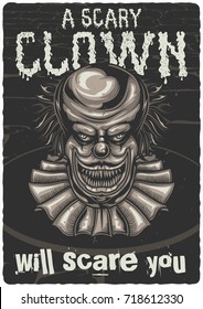 T-shirt or poster design with illustration of scary clown