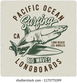 T-shirt or poster design with illustration of shark on surfing board. Design with text composition.