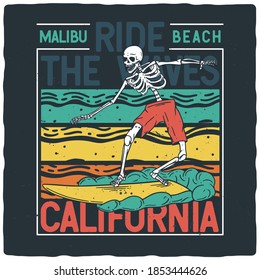 T-shirt or poster design with illustration of skeleton with surfing board