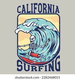 T-shirt or poster design with illustration of skeleton on surfing board.
Surfing T-shirt Vector Designs. Vector with Skeleton Surfer. Vintage Surfing templates. Surf Badge. Surfboard elements