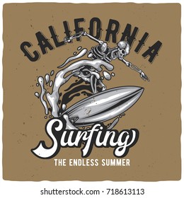 T-shirt or poster design with illustration of skeleton on surfing board.