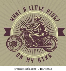 T-shirt or poster design with illustration of a skeleton on a motorcycle.