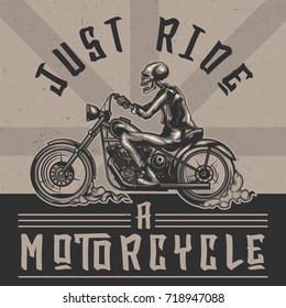 T-shirt or poster design with illustration of a skeleton on a motorcycle.