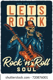 T-shirt or poster design with illustration of skeleton that singing and playing guitar