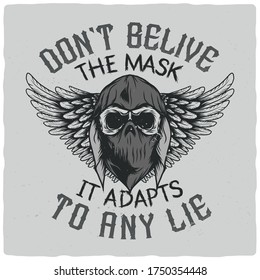 T-shirt or poster design with illustration of a skull in bandana and hoodie with wings