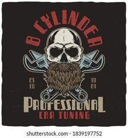 T-shirt or poster design with illustration of skull and wrenches