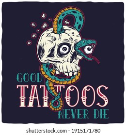 T-shirt or poster design with illustration of skull and snake