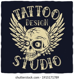T-shirt or poster design with illustration of skull and wings