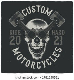 T-shirt or poster design with illustration of skull and pistons