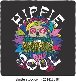 T-shirt or poster design with illustration of skull hippie