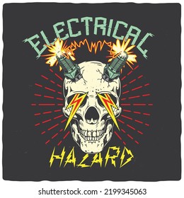 T-shirt or poster design with illustration of skull with spark plugs and lightning