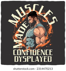 T-shirt or poster design with illustration of a strong man