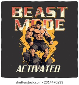 T-shirt or poster design with illustration of a strong man