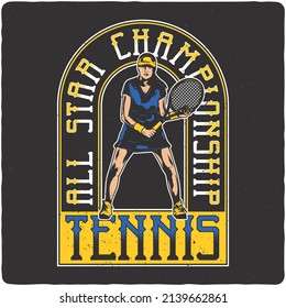 T-shirt or poster design with illustration of tennis player