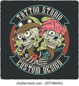 Diseño de camisetas o afiches con la ilustración de dos cráneos con una botella y una pistola.
