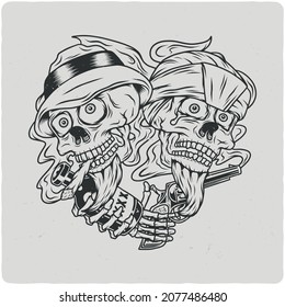 T-Shirt oder Plakatdesign mit Illustration von zwei Schädeln mit Flasche und Pistole.