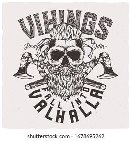 T-shirt Or Poster Design With Illustration Of A Viking Skull With Beard