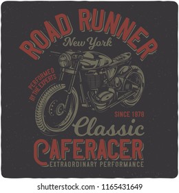 T-Shirt oder Plakatdesign mit Illustration von Vintage Motorrad. Design mit Textkomposition.