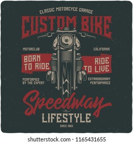T-shirt or poster design with illustration of vintage motorcycle. Design with text composition.