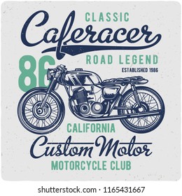 T-shirt or poster design with illustration of vintage motorcycle. Design with text composition.