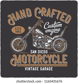 T-shirt or poster design with illustration of vintage motorcycle. Design with text composition.