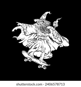 T-shirt or poster design with illustration of wizard with skateboard